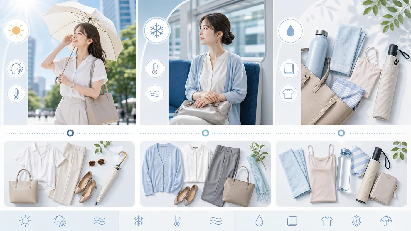 酷暑日の通勤服装と日傘、冷却小物、羽織りを比較するガイド画像