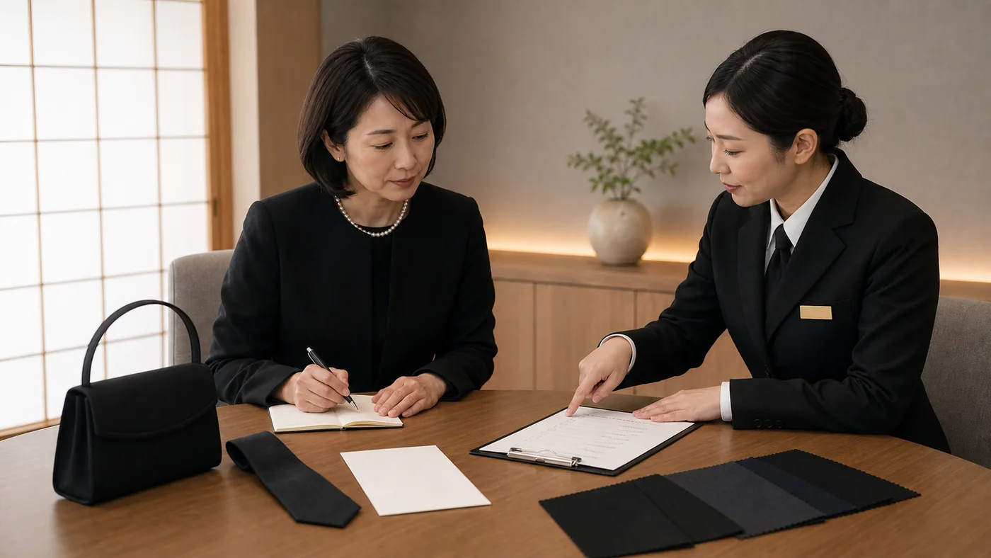 家族葬会館の相談室で黒と濃紺とチャコールの生地と黒いネクタイとバッグを前に服装の格を葬儀担当者へ確認する家族代表