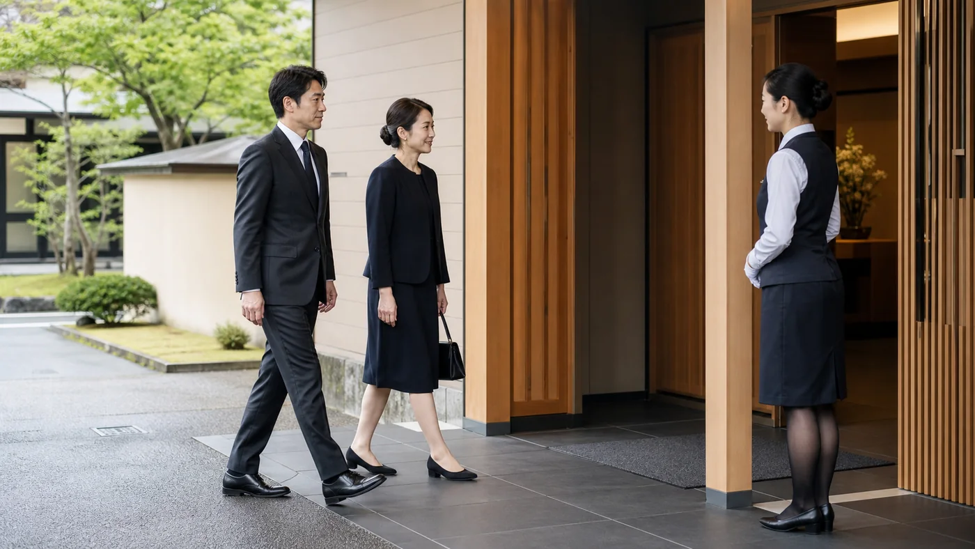 家族葬会館の入口にダークチャコールのスーツと濃紺のワンピースで到着する日本人男女と係員