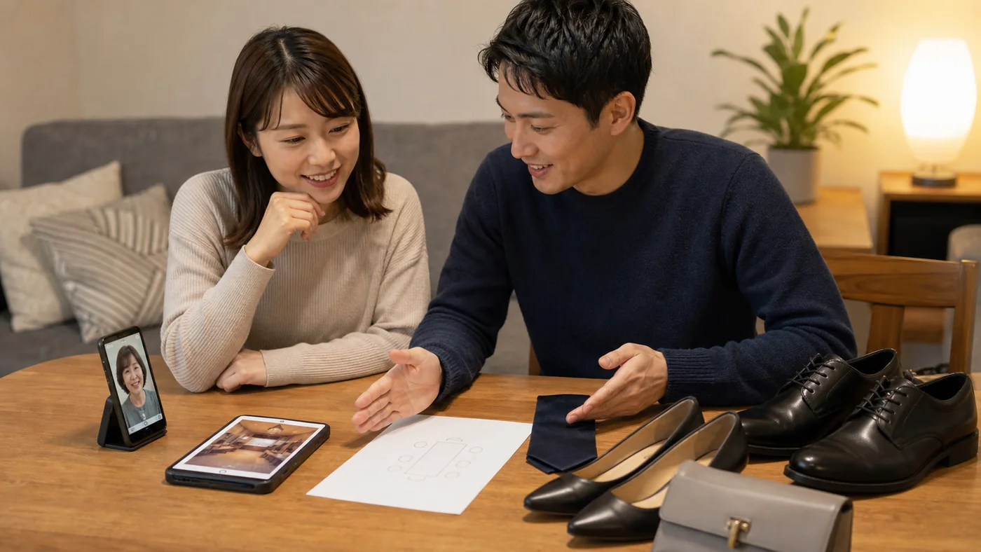 両家顔合わせ前に会場写真と席次を見ながらダークスーツの靴やネクタイとパンプスと小型バッグを確認する婚約カップル