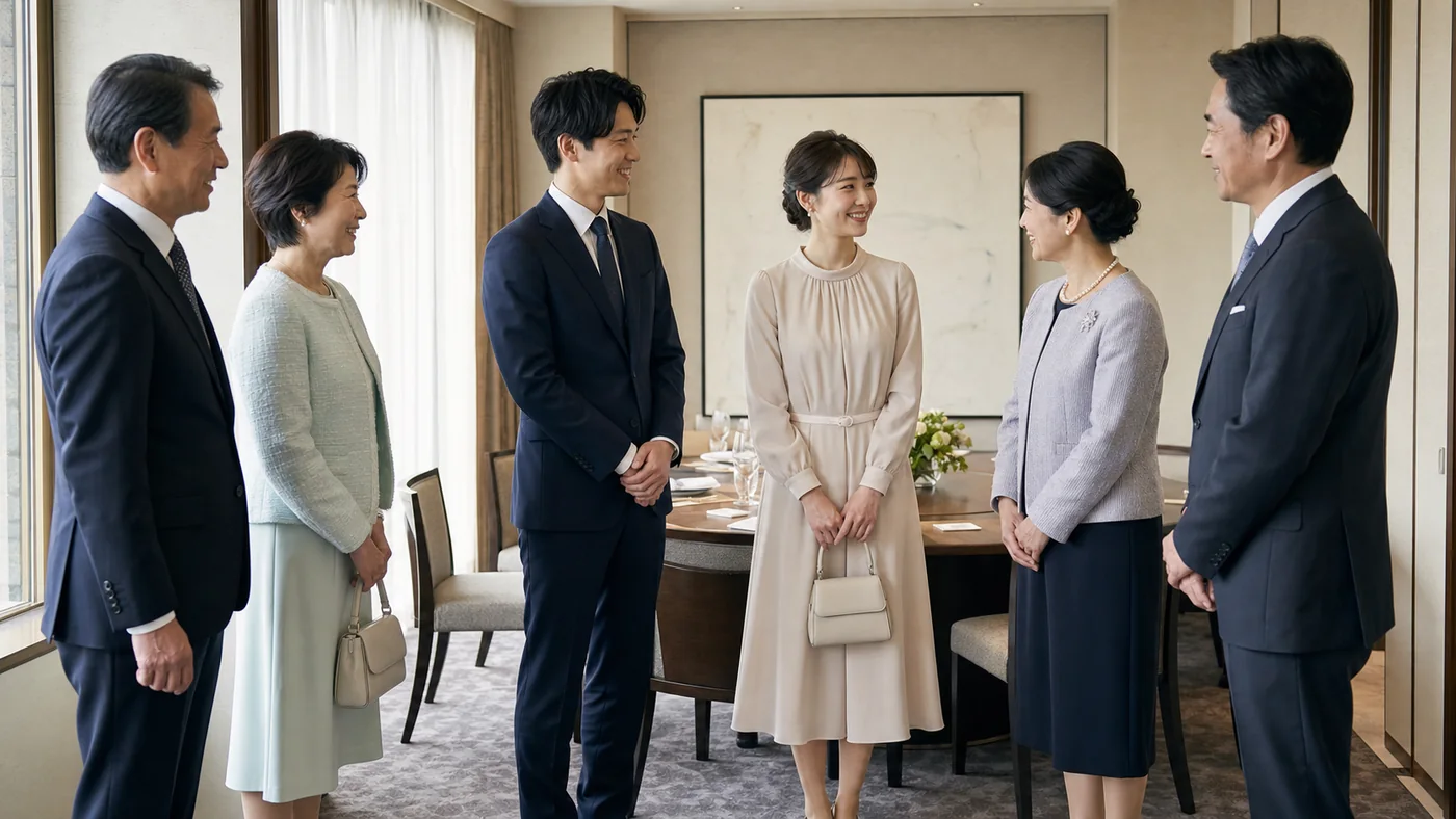 日本のホテル個室でダークスーツと上品なワンピースやセットアップに格をそろえて挨拶する婚約カップルと両家の両親
