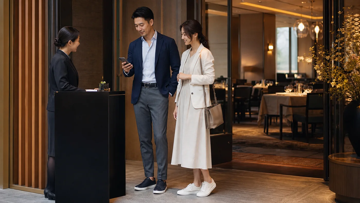 東京の高級ホテルレストラン入口でジャケットとワンピースにシンプルなレザースニーカーを合わせ予約を確認する男女