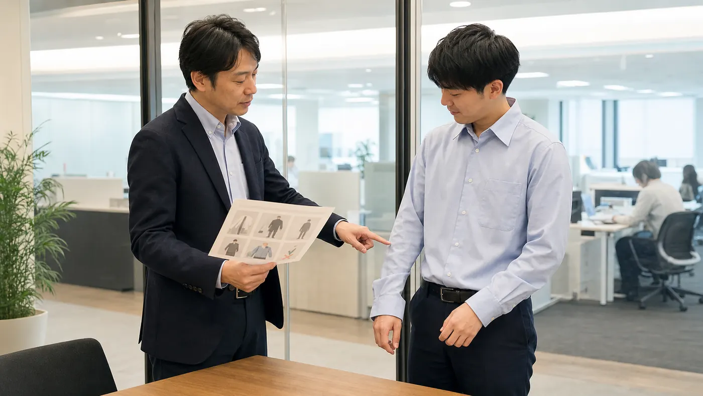 服装の安全基準を周囲から離れた場所で具体的に確認する日本の上司と社員