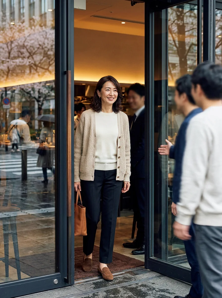 服装自由の歓迎会へ向かう新入社員が、きれいめの私服で会場に入る様子