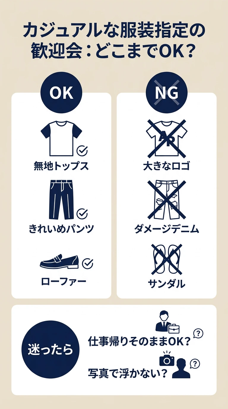 服装自由の歓迎会で浮かない私服の安全ラインを、OK・NG・判断順でまとめた図