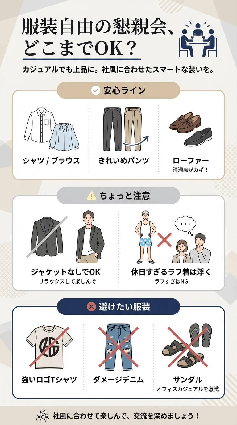服装自由の懇親会でどこまでカジュアルでいいかをまとめたガイド