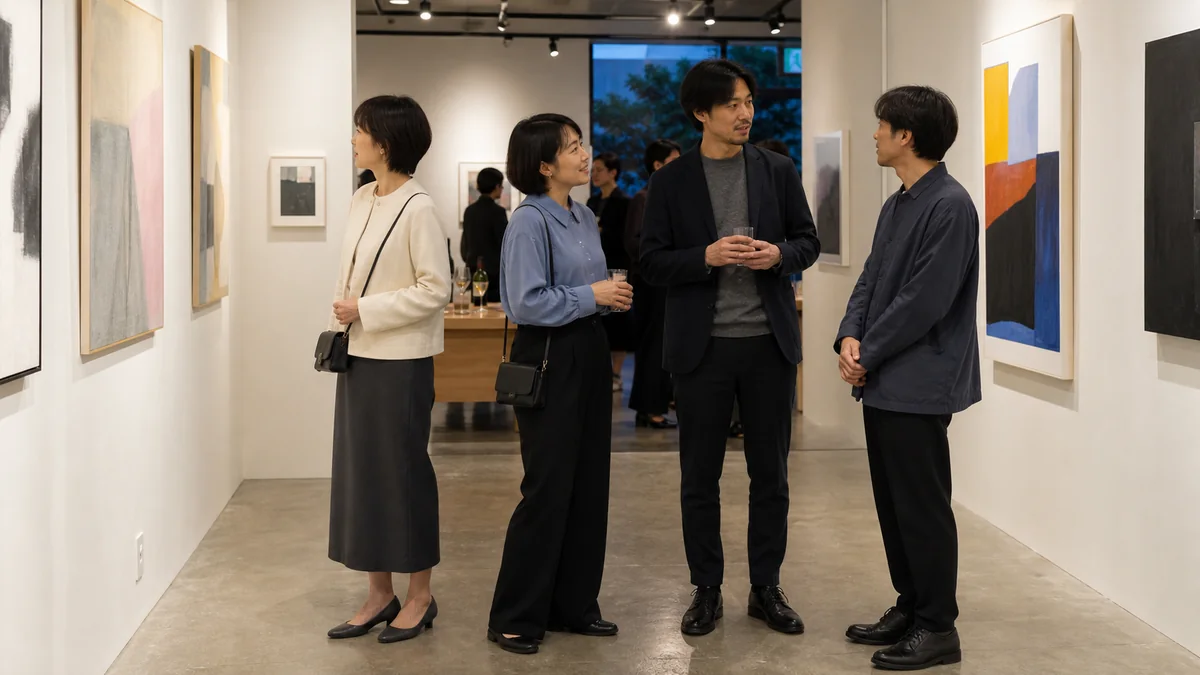 東京の小さな現代美術ギャラリーのオープニングで、アイボリーのミニマルジャケットやくすみブルーのブラウス、濃色ジャケットとパンツを着た日本人の来場者が作品を鑑賞し作家へ挨拶する様子