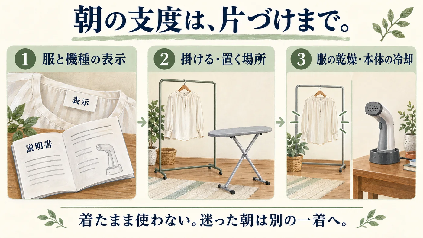 服と機種の表示を読み、掛ける場所と台を確保し、使用後の服の乾燥と本体の冷却まで準備する三段階の図