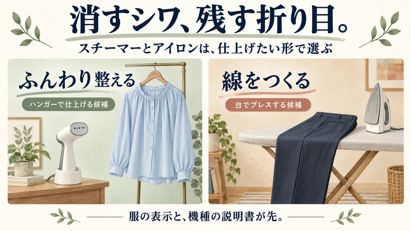 ハンガーのブラウスをふんわり整える仕上げと、台でスラックスの折り目をつくる仕上げを分けた編集部の図