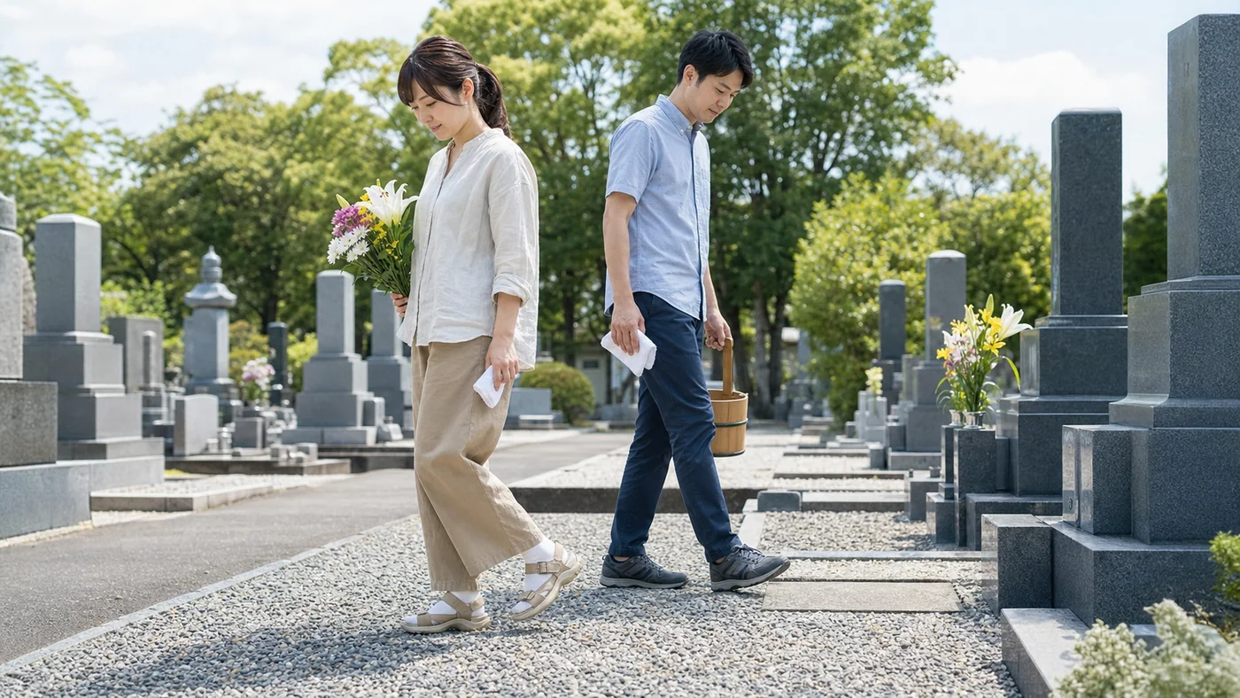日本の墓地の砂利道をかかとの固定されたウォーキングサンダルと閉じた歩行靴で静かに歩く男女