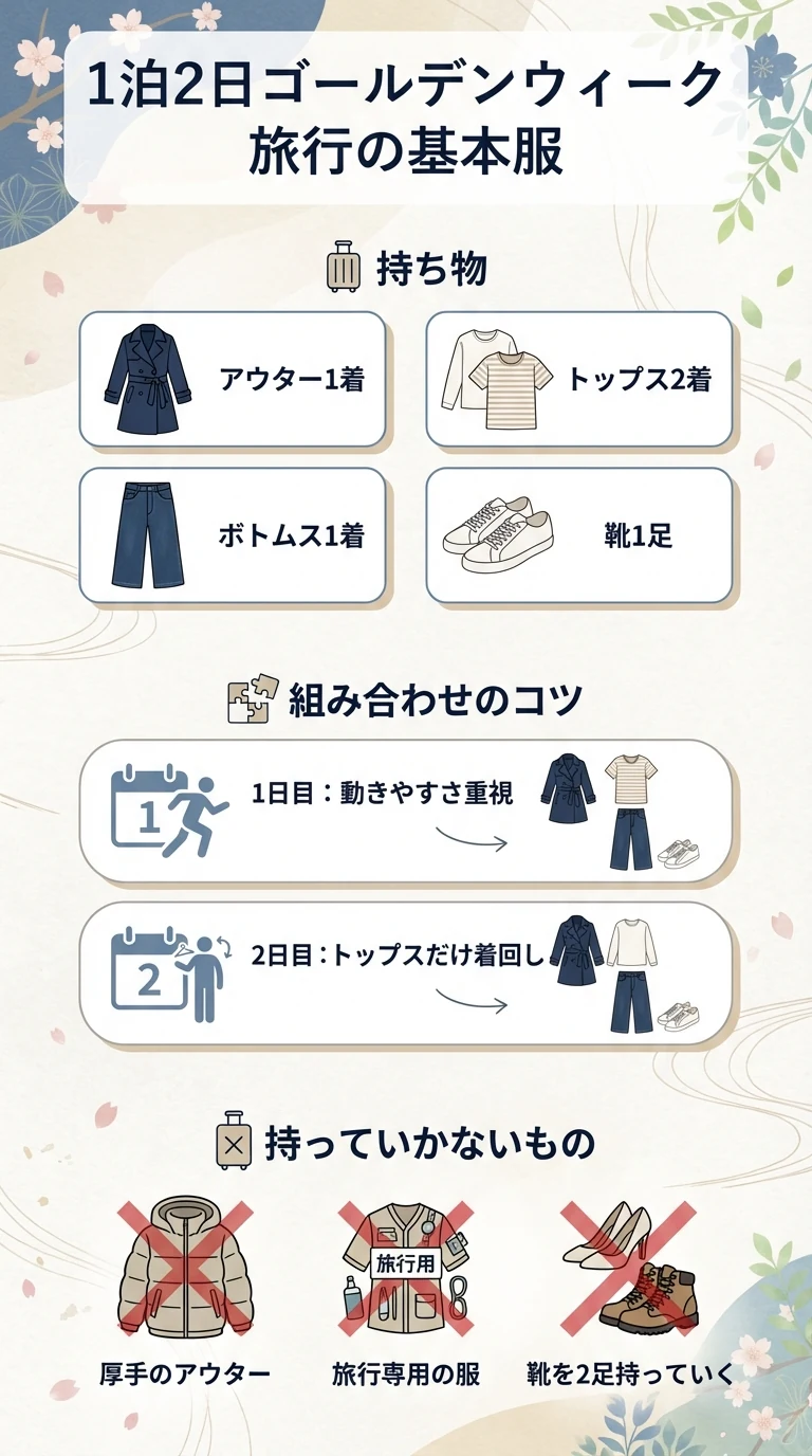 GWの1泊2日旅行で荷物を増やさない服装の基本をまとめたガイド