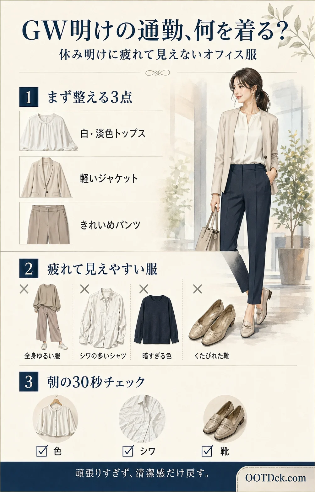 GW明けの通勤で疲れて見えないオフィス服、整える3点、避けたい服、朝の時短コーデをまとめたインフォグラフィック