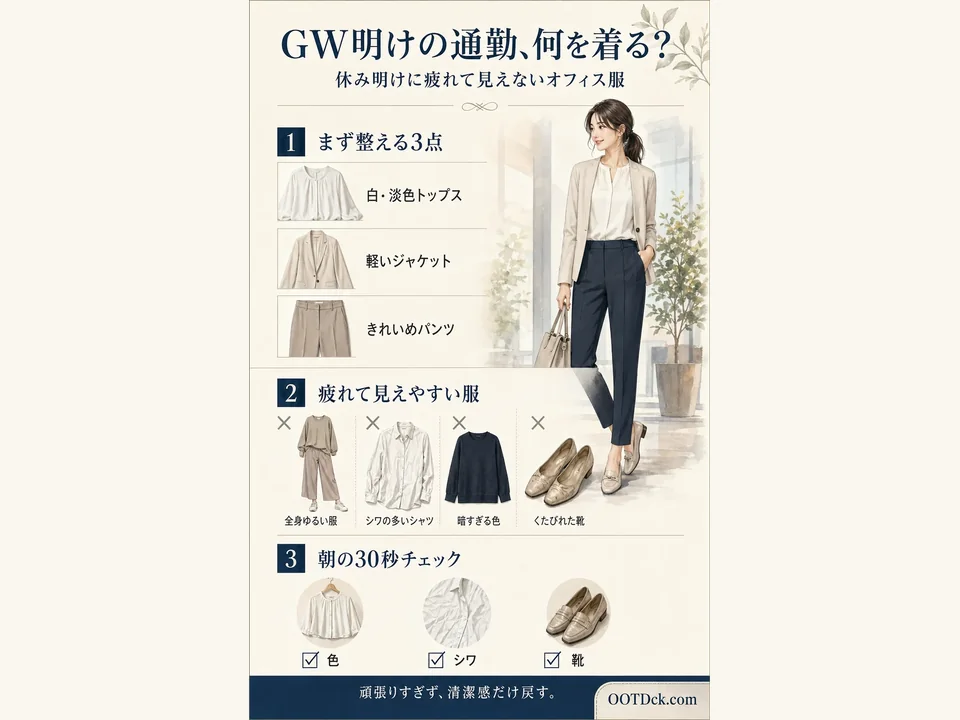 GW明けの通勤で、休み明けに疲れて見えないオフィス服の整え方をまとめたインフォグラフィック