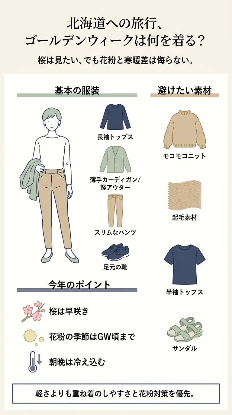 GWの北海道旅行で失敗しにくい基本の服装、避けたい素材、今年のポイントを整理したインフォグラフィック