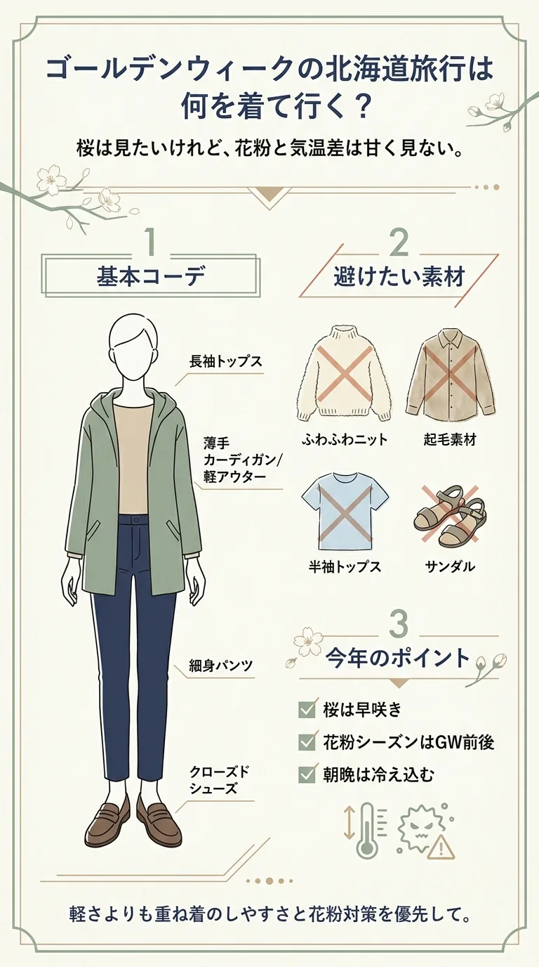 ゴールデンウィークの北海道旅行で着る服の基本コーデ、避けたい素材、今年のポイントをまとめたインフォグラフィック