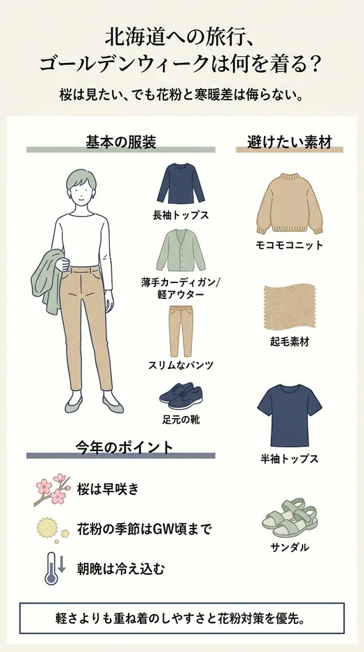 GWの北海道旅行で失敗しにくい基本服装を整理したインフォグラフィック