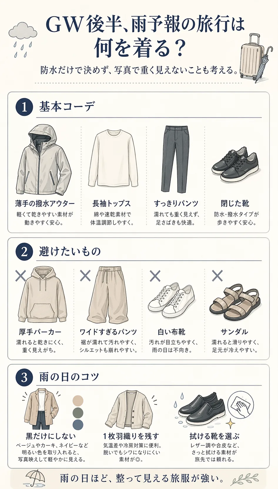GW後半の雨予報旅行で失敗しにくい基本コーデ、避けたいもの、雨の日のコツを整理したインフォグラフィック