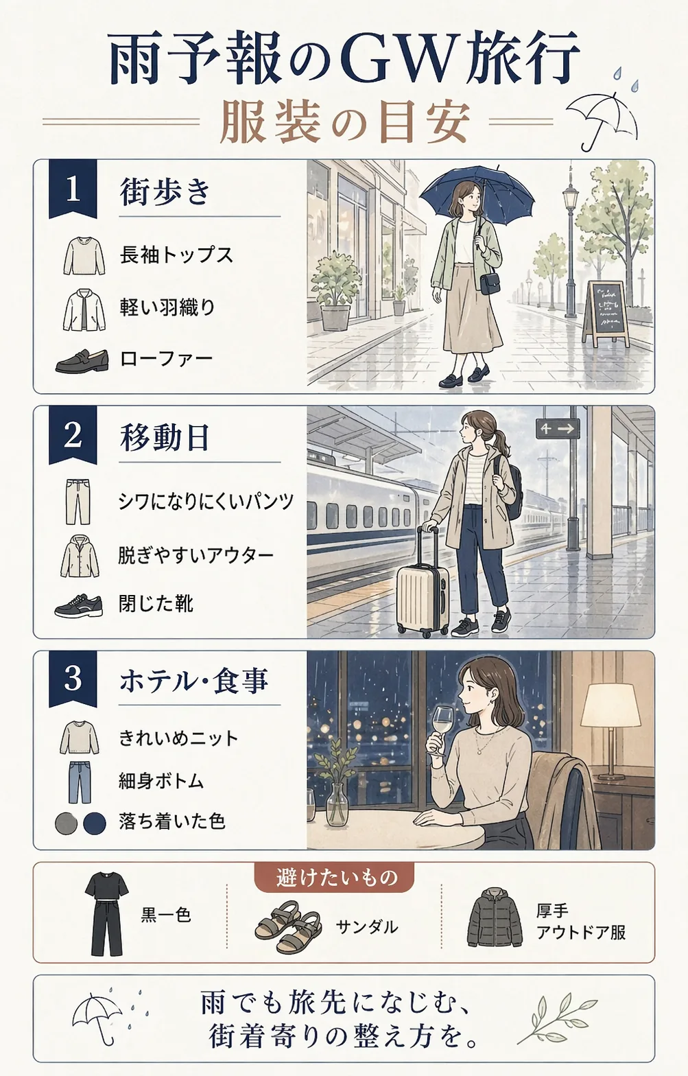 雨予報のGW旅行で、街歩き・移動日・ホテル食事の場面別に服装の目安をまとめたインフォグラフィック