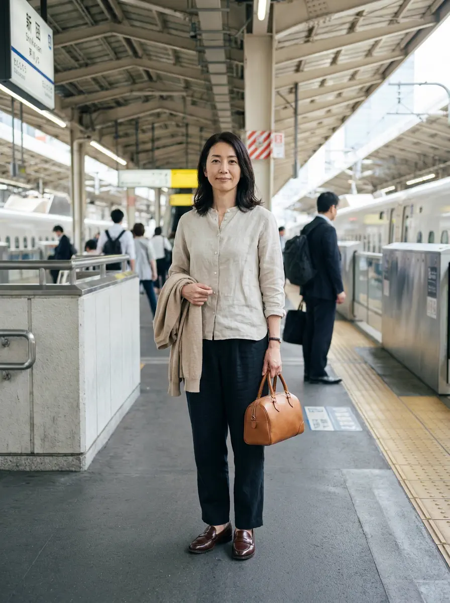 GWの新幹線ホームで、薄手の羽織りを持って整った服装で立つ女性