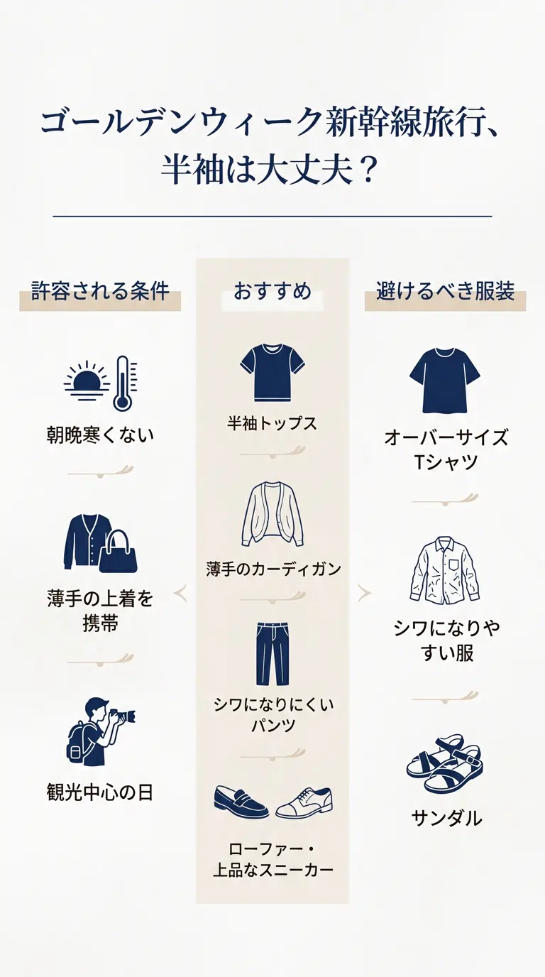 GWの新幹線移動で半袖がありな条件と避けたい服装をまとめた図解