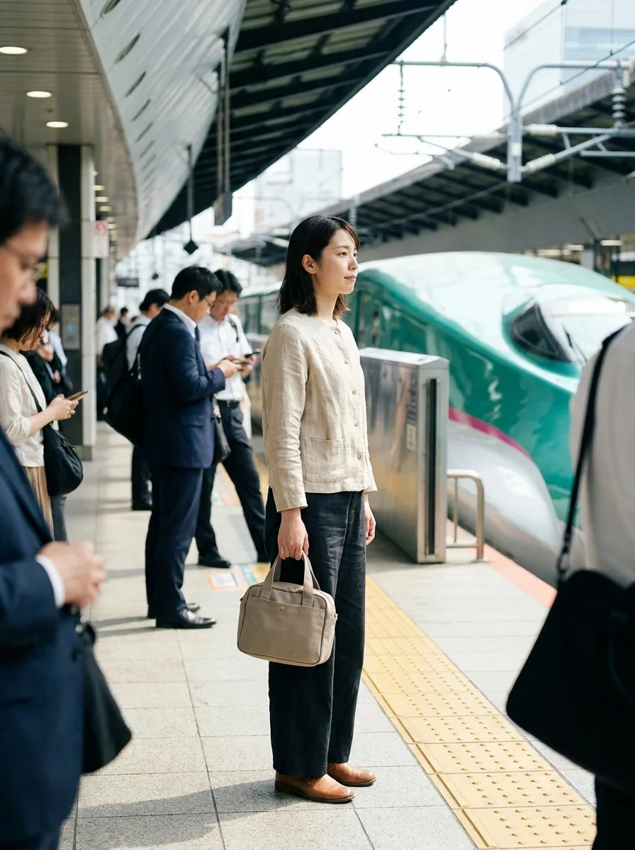 GWの新幹線ホームで、軽やかな旅行服で待つ日本の女性