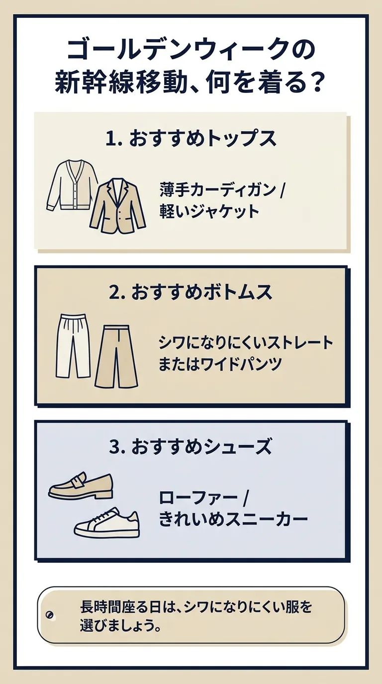 GWの新幹線移動で選びたい服をトップス・ボトムス・靴に分けてまとめた図解