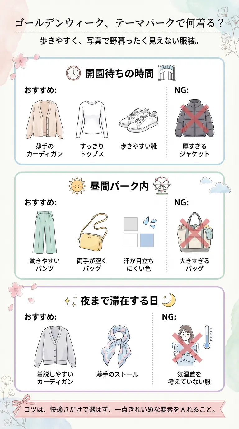 GWのテーマパークでおすすめの服装と避けたい服装を、開園待ち・昼・夜の3シーンでまとめたインフォグラフィック