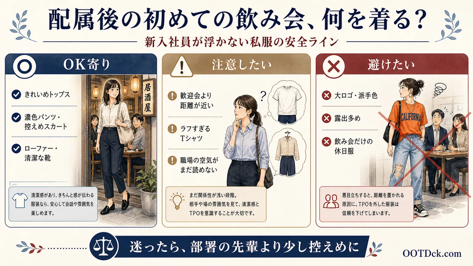 配属後の初めての飲み会で新入社員が浮かない私服の安全ラインをまとめたインフォグラフィック