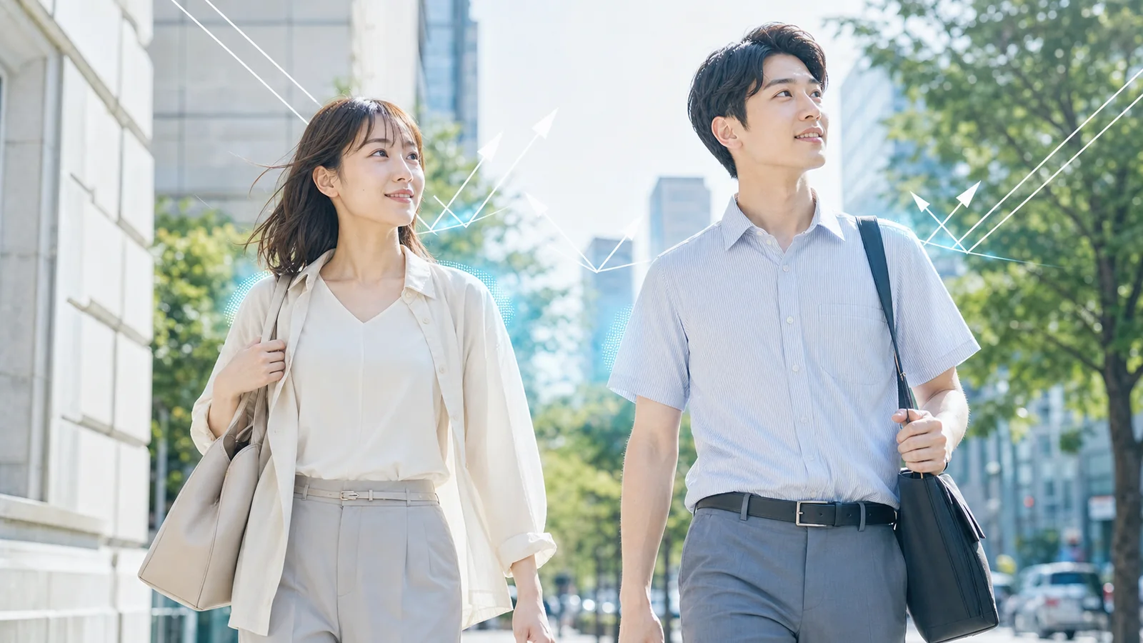 猛暑日の通勤で遮熱性のある夏服を着た日本の男女