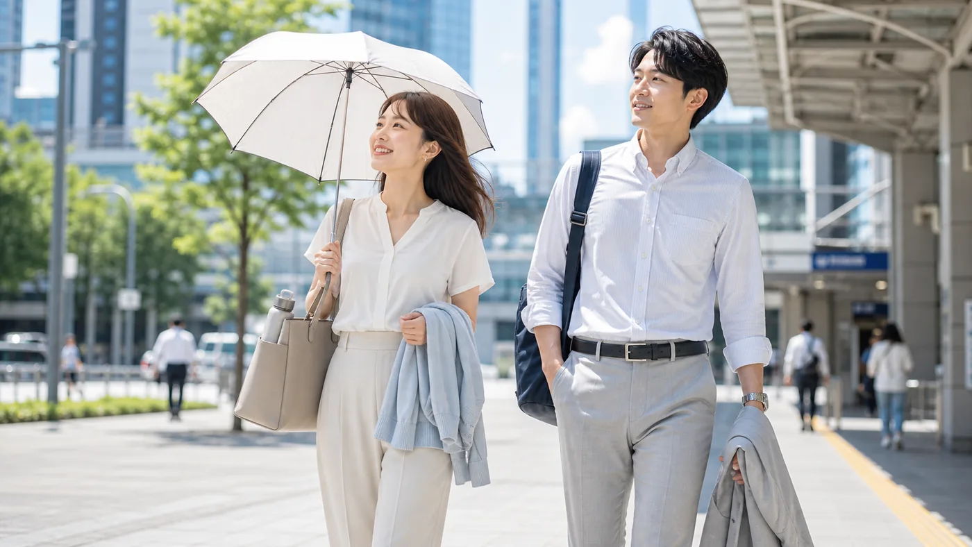 熱中症対策に適した夏の通勤服装と日傘を使う社会人コーデ