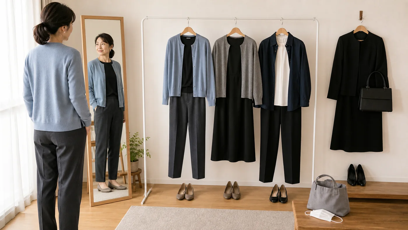 日本の自宅で、黒ニットと淡いブルーカーディガン、黒ワンピースと灰色カーディガン、黒パンツとアイボリーブラウスの面会服を並べ、黒一色のフォーマル一式を別にして選ぶ女性