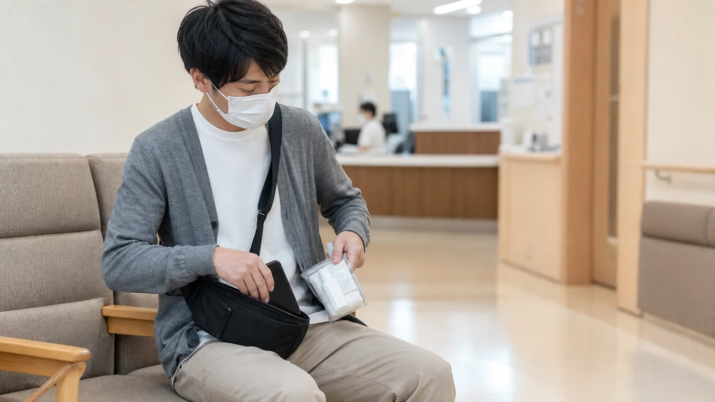 病院の廊下でマスクとカーディガンを着用し小さなバッグと許可された日用品の袋を持つ男性面会者