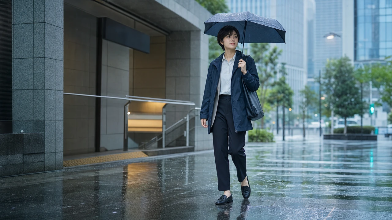 蒸し暑い雨の日に軽い撥水アウターと傘で通勤する服装の画像