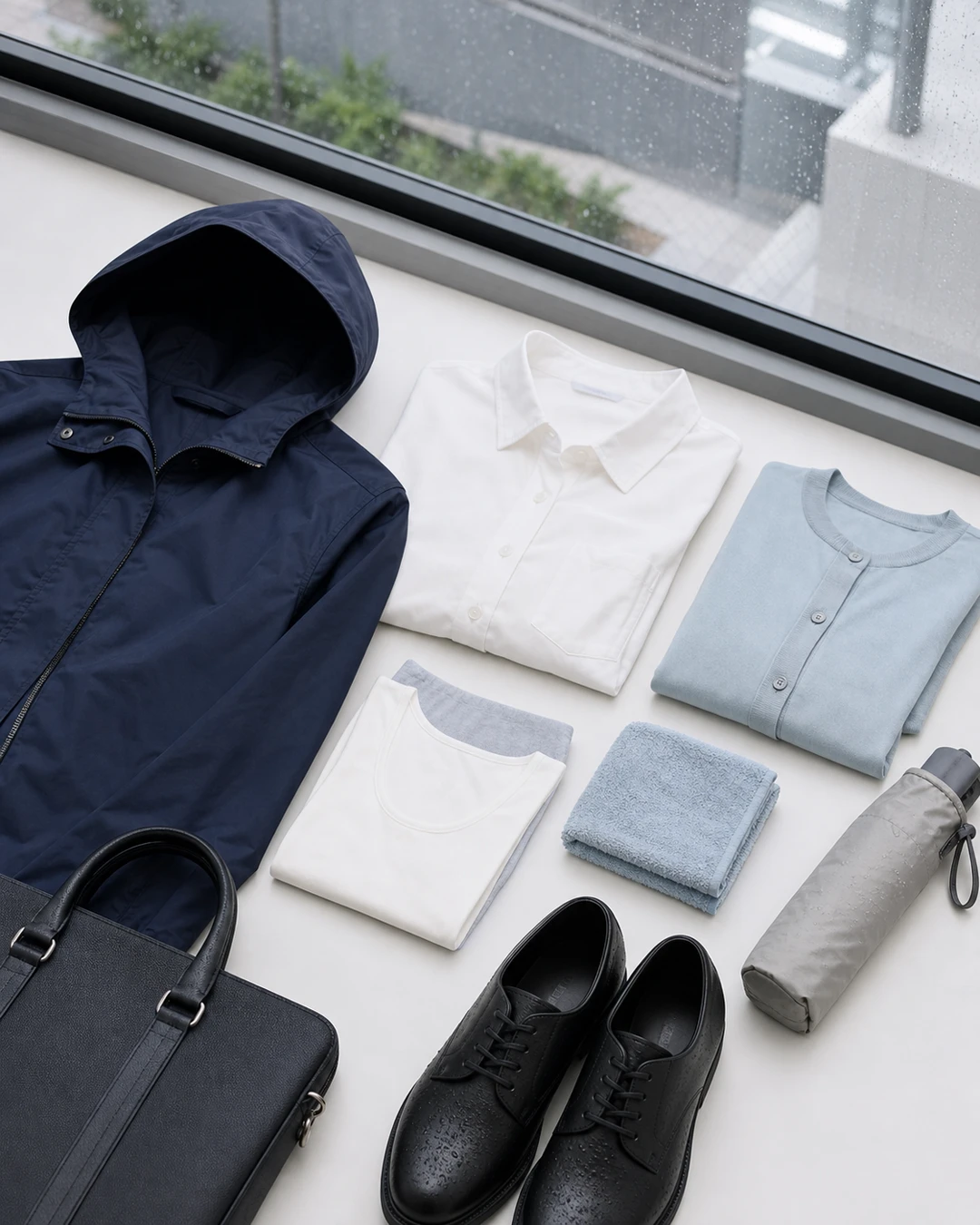 暑い雨の日の通勤服に必要な撥水アウター、吸汗速乾インナー、薄手カーディガン、タオル、雨対応靴の画像