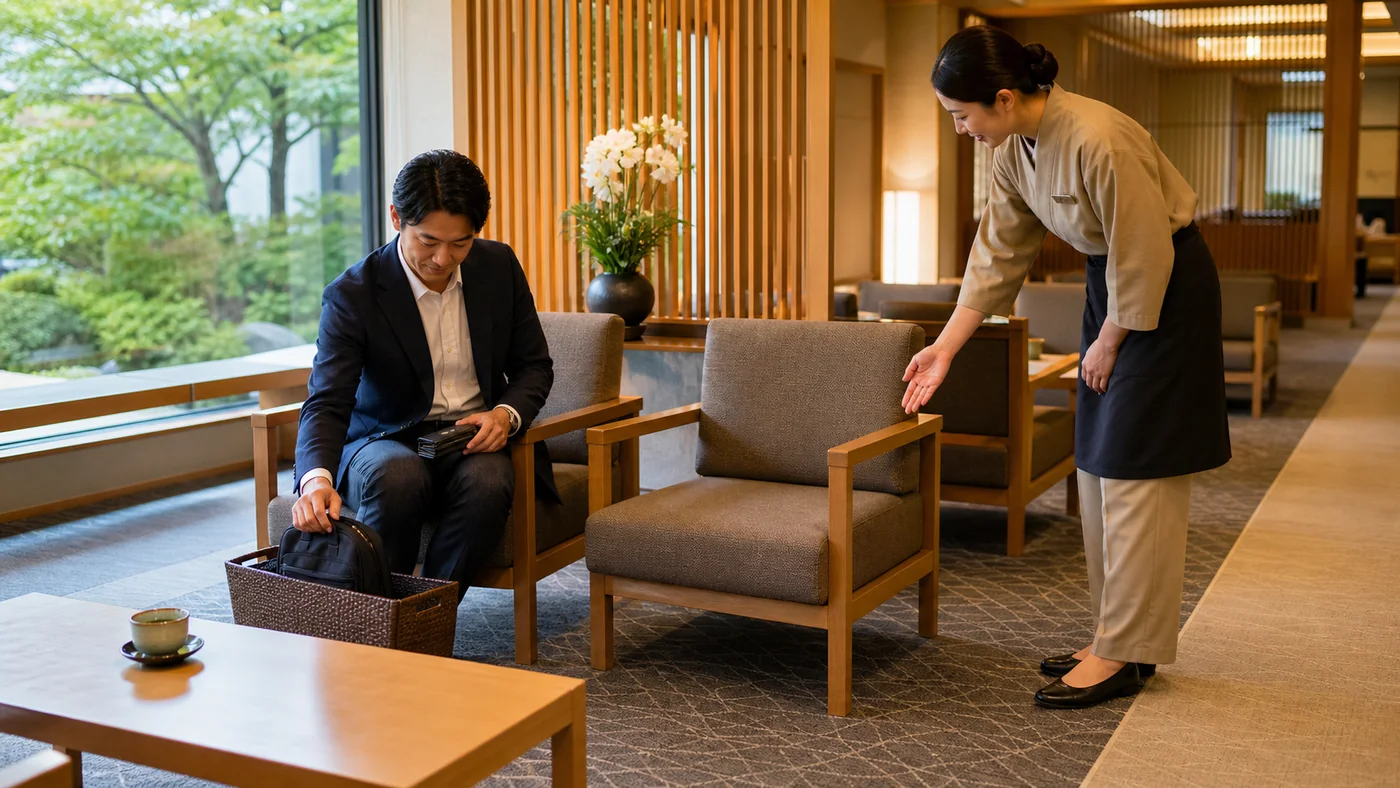 日本のホテルラウンジで、スマートカジュアルの利用客がスタッフへ確認し、薄型リュックを椅子横の提供されたバッグ用バスケットへ入れ、隣席と通路を空ける様子