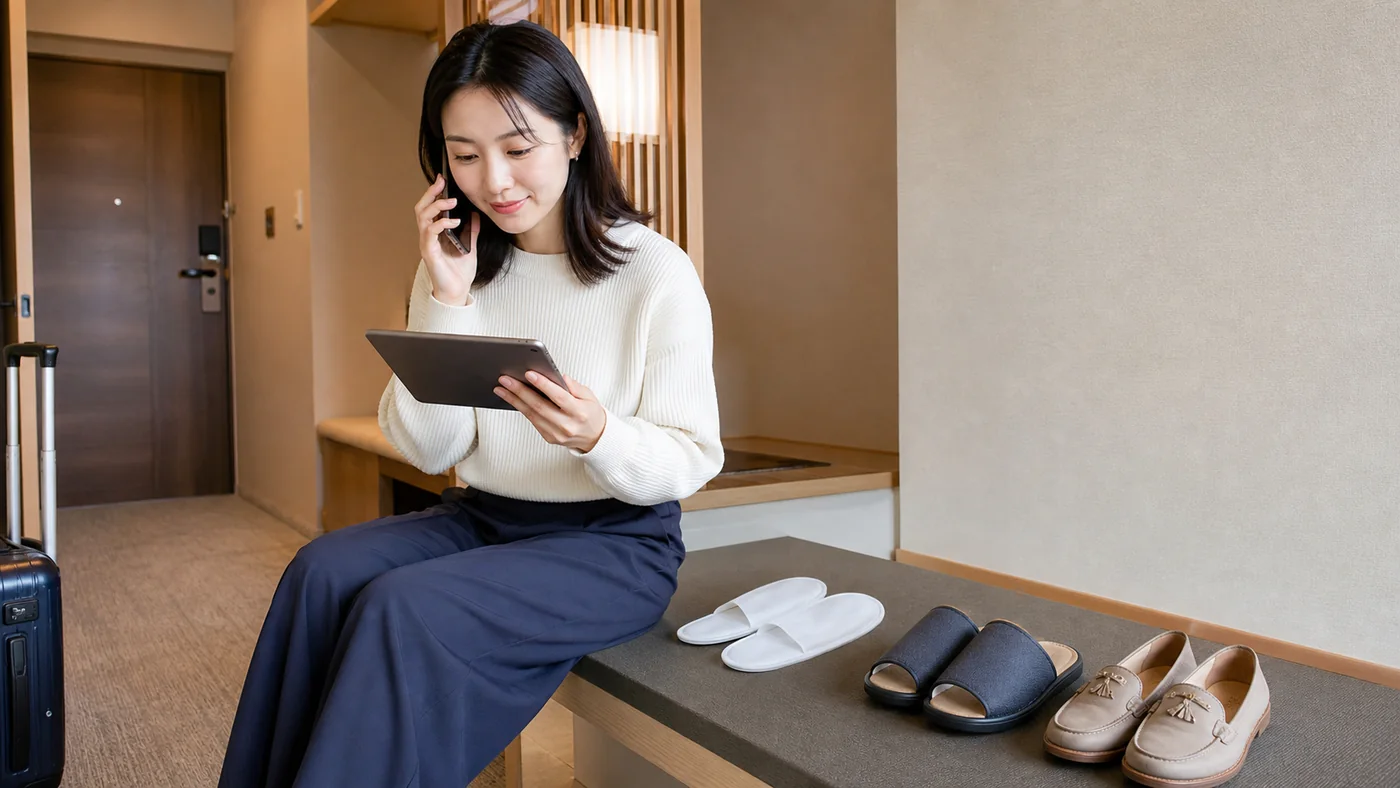 ホテル客室で白い使い捨てスリッパと濃色の館内履きと外履きを並べデジタル案内を見ながらフロントへ電話する女性旅行者