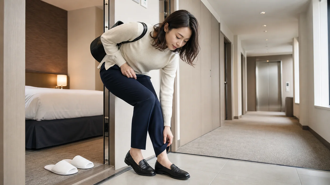 日本のビジネスホテル客室の入口で白い客室スリッパから黒いローファーへ履き替えて廊下へ出る女性旅行者