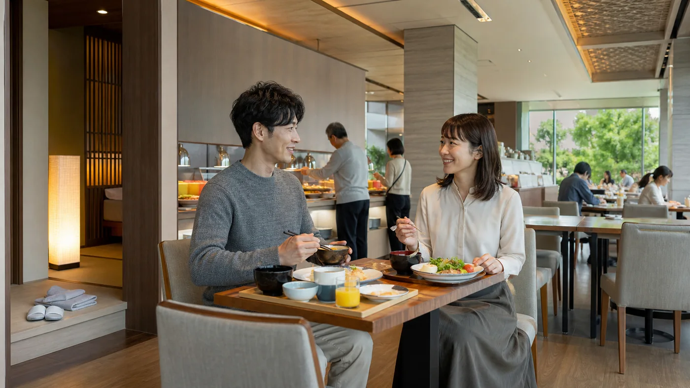 ホテルの朝食会場で浴衣とスリッパを客室に残し簡単な私服に着替えて食事をする男女の宿泊客