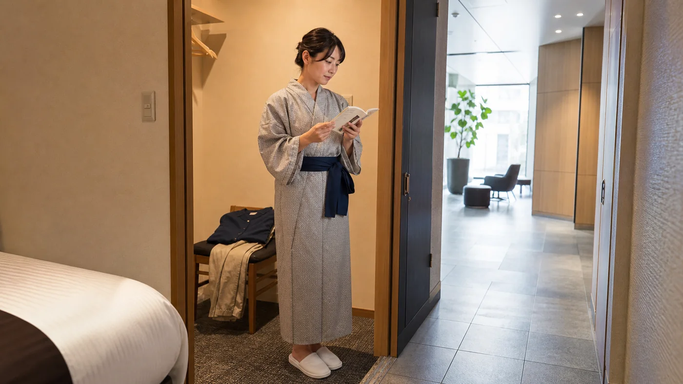 日本のホテル客室の入口で浴衣とスリッパのままロビーへ出る前に館内案内を確認する女性宿泊客