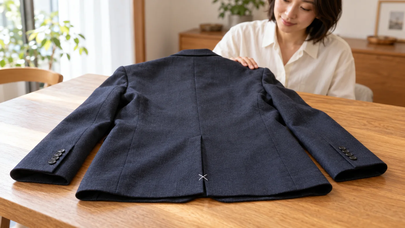 机に背面を上にして置いた紺のジャケットと、後ろ裾のベントを留める白い×字の糸のAI生成例