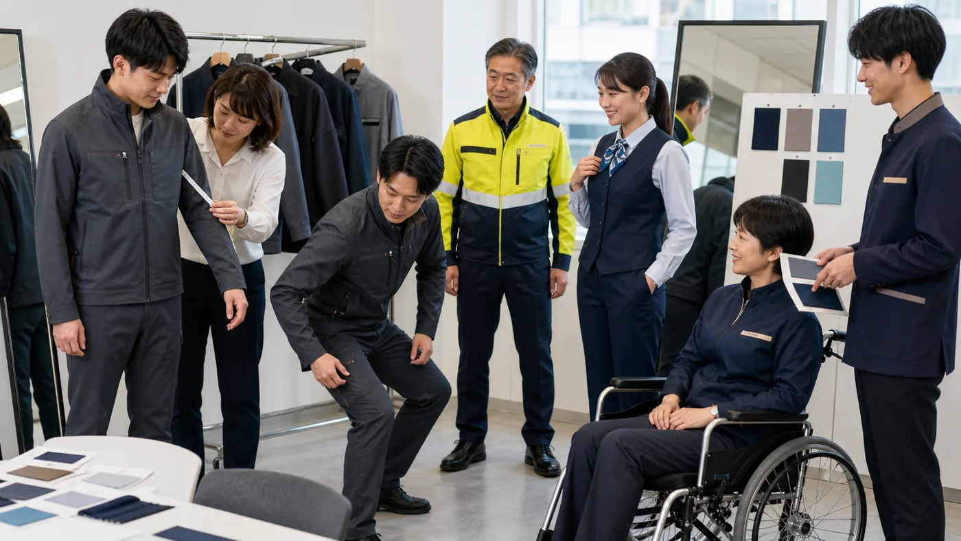 現代の日本企業の制服試着会で、年齢や性別の異なる社員と車いす利用者が、チャコールのストレッチ作業着、紺の事務服、高視認ジャケット、接客服を試し、袖丈や動作、ポケット、色見本を確認する様子