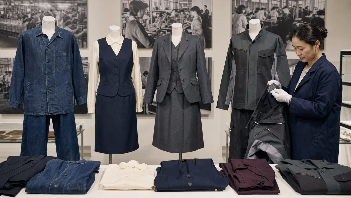 日本の企業制服資料室で、1950年代の藍色作業着、1970年代の紺ベスト事務服、1980年代のセット制服、現代の機能性作業ジャケットを保存展示し、女性アーキビストが資料を確認する様子
