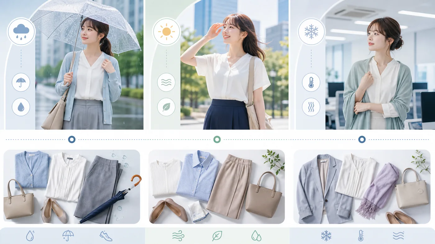 6月の通勤服装を雨の日、真夏日、冷房の日で比較するガイド画像