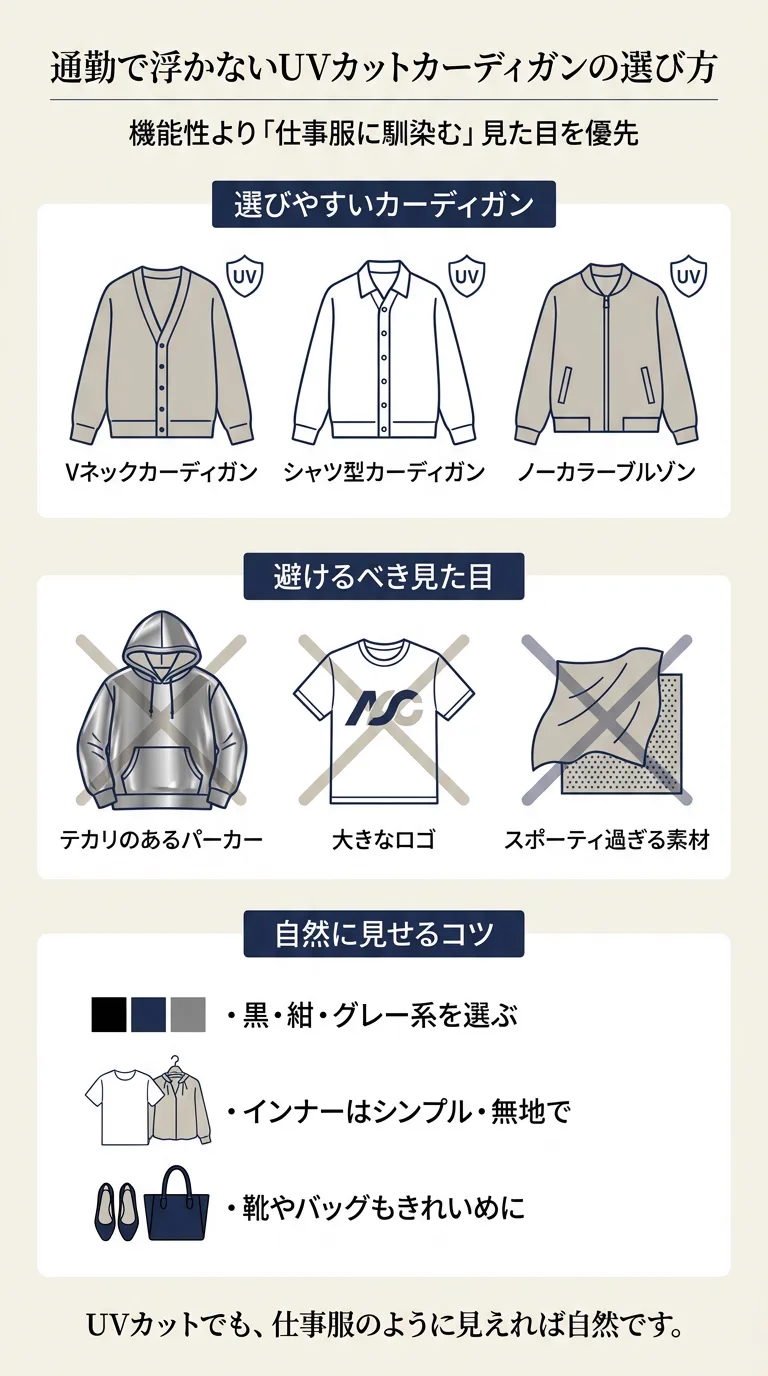 通勤で浮かないUVカットカーディガンの選び方を、選びやすい形・避けたい見た目・自然に見せるコツで整理したインフォグラフィック