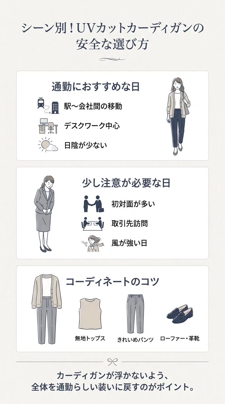 シーン別に、UVカットカーディガンが通勤でおすすめの日・少し注意が必要な日・コーディネートのコツを整理したインフォグラフィック