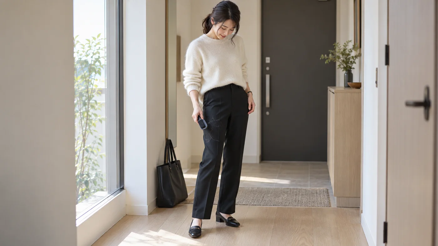 アイボリーの毛足のあるニットと黒い通勤パンツを着た女性が、付いた淡い毛を確かめるAI生成の実写風例