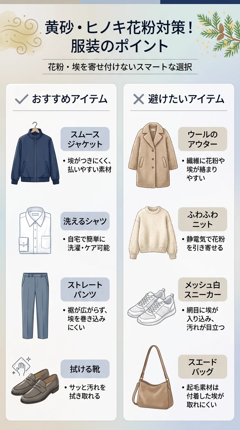 黄砂とヒノキ花粉の日におすすめと避けたい服の一覧