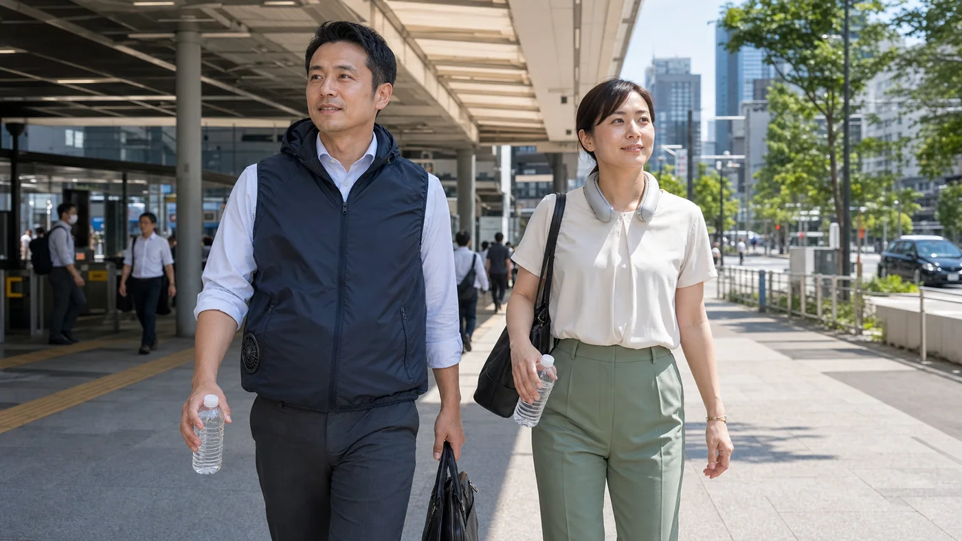 夏の通勤で空調服とネッククーラーを使い分ける会社員