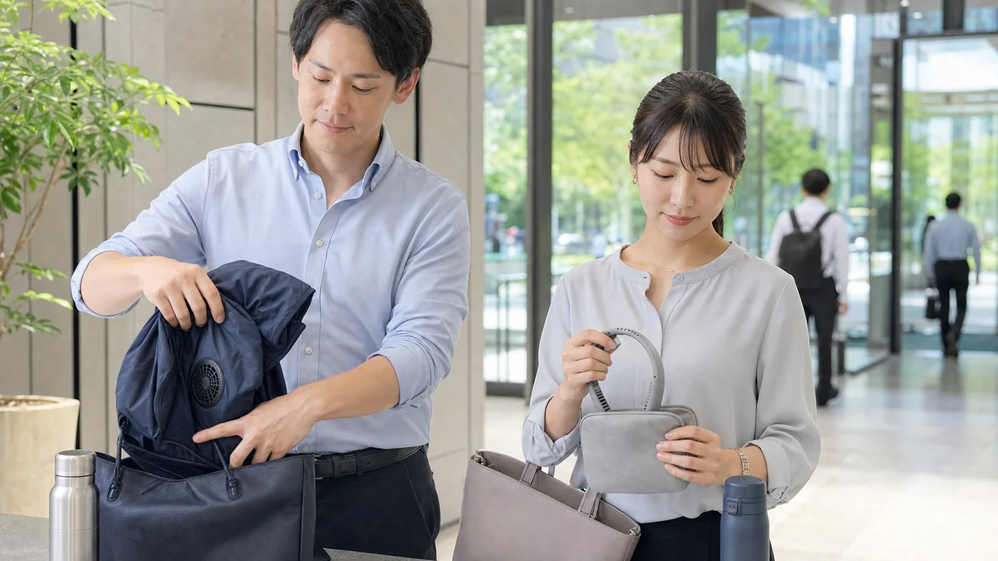 会社の入口で空調服とネッククーラーを外して収納する会社員