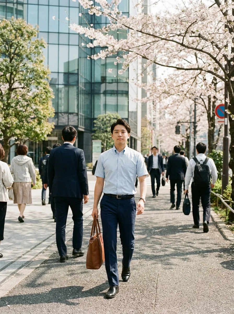 4月後半の通勤で半袖シャツに切り替えた新社会人の男性